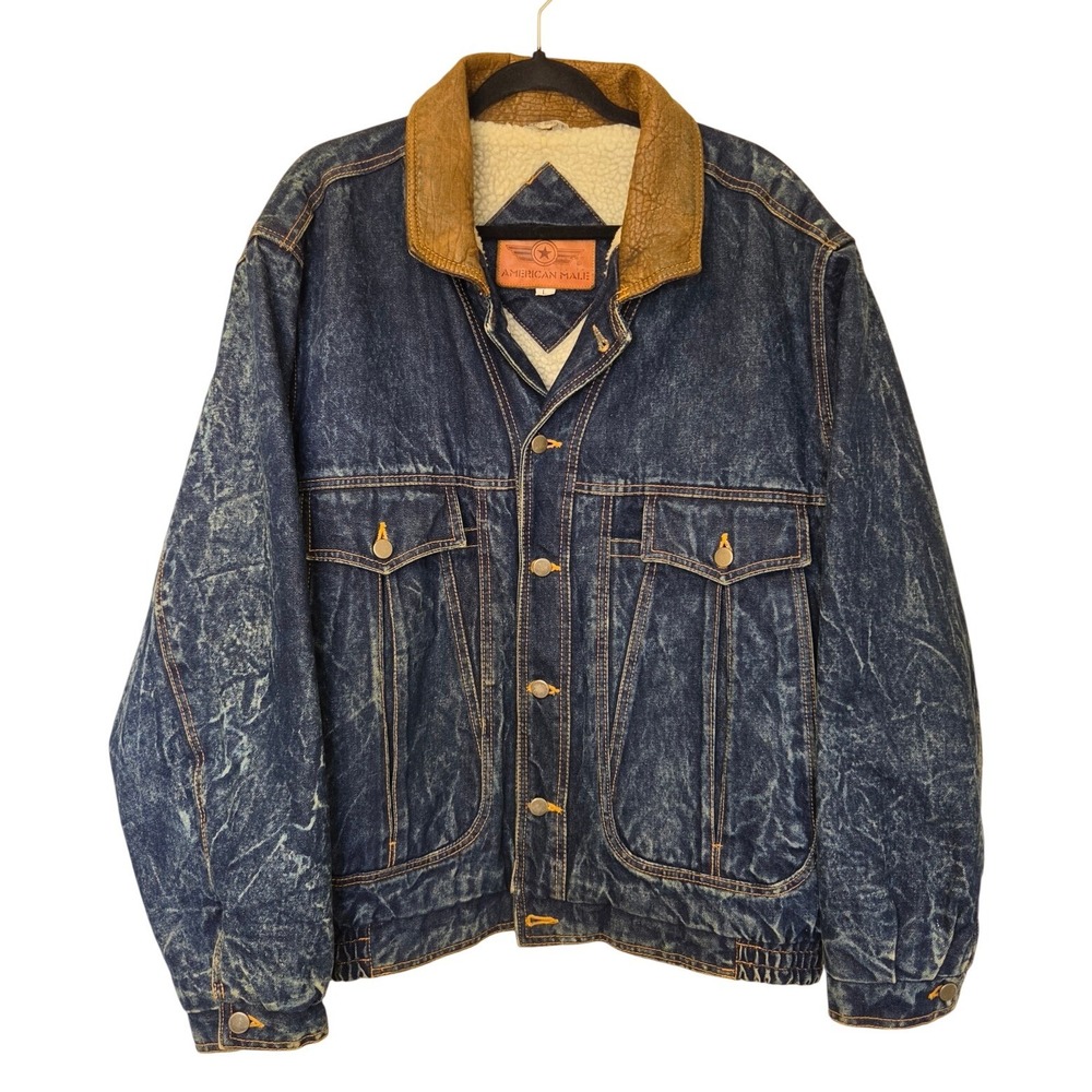 American Male Vintage Acid Wash Sherpa Lined Denim Jacket Leather Collar Large
